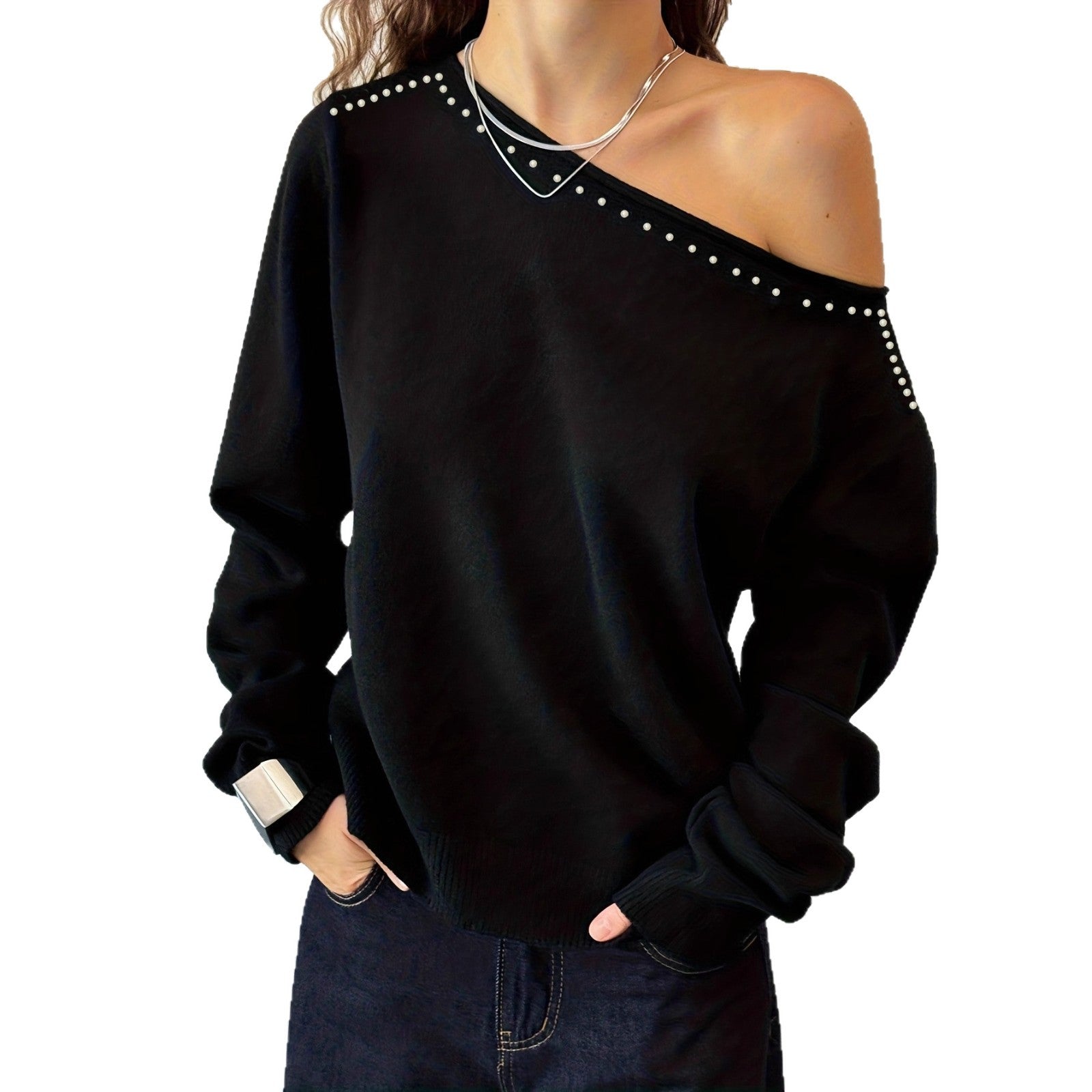  Rivet-Embellished Slanted Shoulders And Long Sleeves