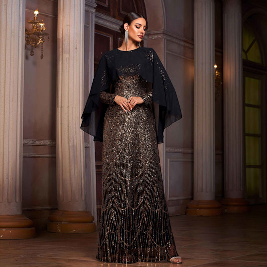 Elegant Long Sleeve Round Neck Shawl Banquet Sequined 